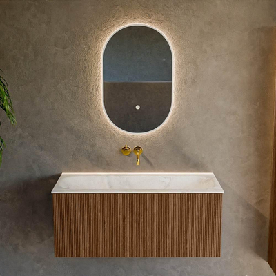 MONDIAZ KURVE-DLUX 100cm Meuble salle de bain - couleur Walnut - 1 tiroir - vasque BIG MEDIUM centre - sans trou de robinet - couleur Ostra