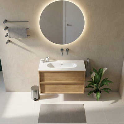 Saniclass Holz Frame Ensemble meuble de salle de bains - 100x45x73.9cm - lavabo Chaci en céramique blanc - 1 vasque - sans trou de robinetterie - 2 tiroirs - chêne natural mat (bois)