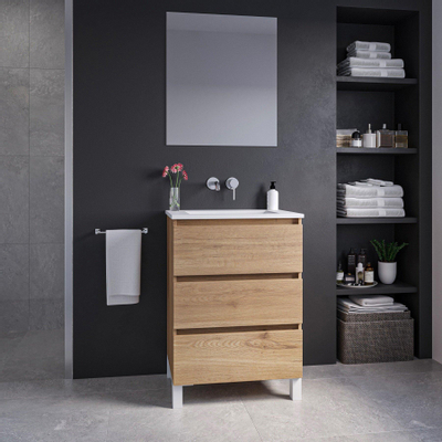 Saniclass Chaci PLUS Ensemble meuble de salle de bains - 60x86x46cm - lavabo en céramique blanc - 1 vasque - sans trou(s) de robinet - 3 tiroirs - miroir rectangulaire - chêne