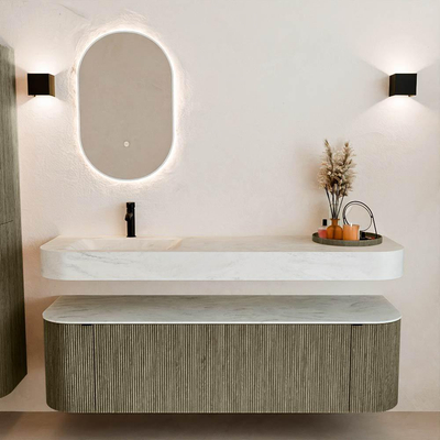 MONDIAZ THOR-DLUX 160cm meuble de salle de bains arrondi gauche + droite couleur Shadow avec 1 tiroir et 2 portes. Vasque suspendue CLOUD Gauche 1 trou de robinet couleur Opalo.