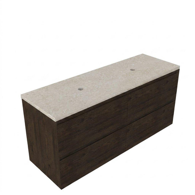 Saniclass Holz Pure Ensemble meuble de salle de bains - 140x45x63cm - Plan de travail en pierre naturelle travertin - sans trou de robinet - 4 tiroirs - chêne charcoal mat (bois)