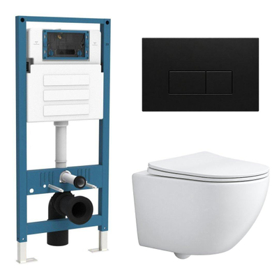 QeramiQ Dely Swirl Compact Ensemble WC - réservoir encastré QeramiQ flush - abattant slim - plaque de commande métallique noir mat - boutons rectangulaires - blanc mat