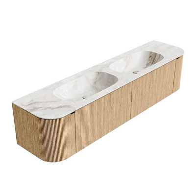 MONDIAZ KURVE-DLUX Meuble de salle de bains 190 cm avec module 25 Len R couleur Chêne avec 2 tiroirs et 2 portes. Lavabo STOR SMALL double sans trou de robinet couleur Frappe.