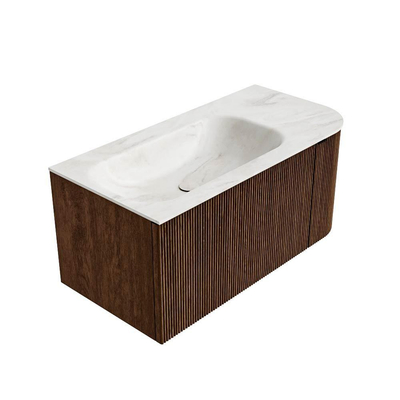 MONDIAZ KURVE-DLUX 95cm badmeubel met module 25 R kleur Walnut met 1 lade en 1 deur. Wastafel BIG SMALL links 1 kraangat kleur Ostra.