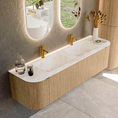 MONDIAZ KURVE-DLUX meuble de salle de bains 170 cm avec module 25 Len R couleur chêne avec 1 tiroir et 2 portes. Lavabo LEAF double 2 trous de robinet couleur Frappe.