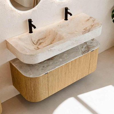 MONDIAZ THOR-DLUX 120cm meuble de salle de bains arrondi gauche + droite couleur Oak avec 1 tiroir et 2 portes. Vasque suspendue CLOUD Double 2 trous de robinet couleur Frappe.