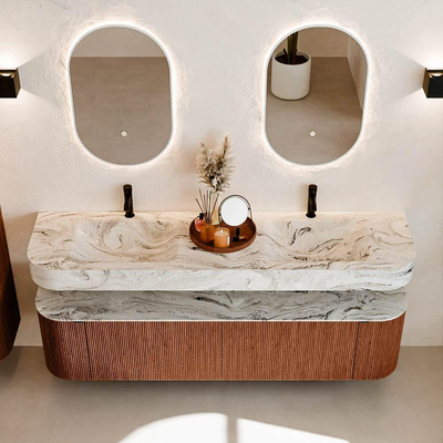 MONDIAZ THOR-DLUX Meuble de salle de bains 180cm arrondi gauche + droite couleur Ruby avec 2 tiroirs et 2 portes. Vasque suspendue CLOUD Double 2 trous de robinet couleur Glace.