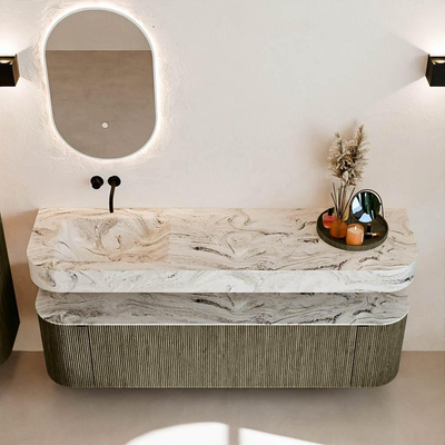 MONDIAZ THOR-DLUX 170cm meuble de salle de bains arrondi gauche + droite couleur Shadow avec 1 tiroir et 2 portes. Vasque suspendue CLOUD gauche sans trou de robinet couleur Glace.