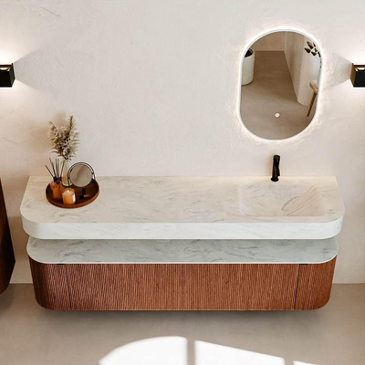 MONDIAZ THOR-DLUX Meuble de salle de bains 190cm arrondi gauche + droite couleur Ruby avec 2 tiroirs et 2 portes. Vasque suspendue CLOUD Droite 1 trou de robinet couleur Opalo.