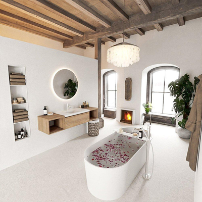 MONDIAZ BUKLA 160cm badmeubel met open module 40 L+R kleur Washed Oak met 2 lades. Wastafel CLOUD midden 1 kraangat kleur Talc.