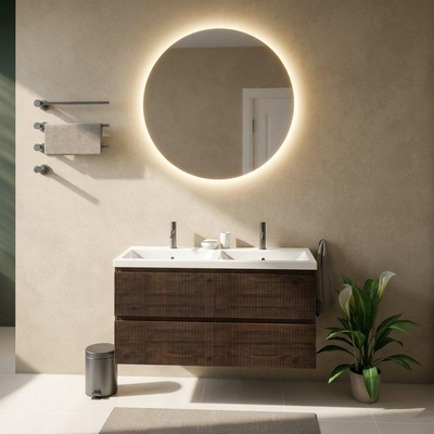 Saniclass Holz Atelier Ensemble de meubles de salle de bains - 120x45x63.5cm - Lavabo Bari en céramique blanc - 2 vasques - 2 trous de robinet - 2 tiroirs - chêne charcoal mat (bois)