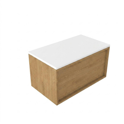 Saniclass Holz Frame Ensemble de meuble de salle de bains - 80x45x42.5cm - plan de travail Torino en Solid Surface blanc - sans trou de robinet - 1 tiroir - chêne natural mat (bois)