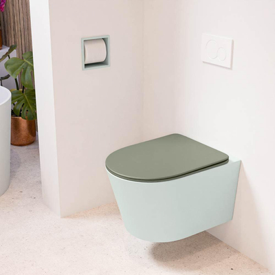 Mondiaz LAVIE hangtoilet – spoelrandloos – 36 x 53 cm – met softclose zitting – Greey (lichtgroen/grijs), zitting Army (groen)