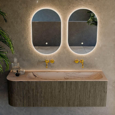 MONDIAZ KURVE-DLUX Meuble de salle de bains 145cm arrondi à gauche couleur Shadow avec 1 tiroir et 1 porte. Lavabo BIG LARGE à droite sans trou de robinet Arena.