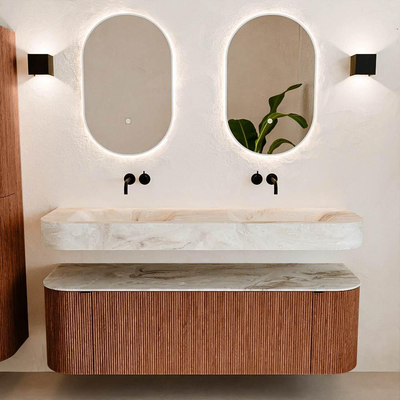 MONDIAZ THOR-DLUX 150cm meuble de salle de bains arrondi gauche + droite couleur Ruby avec 1 tiroir et 2 portes. Vasque suspendue CLOUD Double sans trou de robinet couleur Frappe.