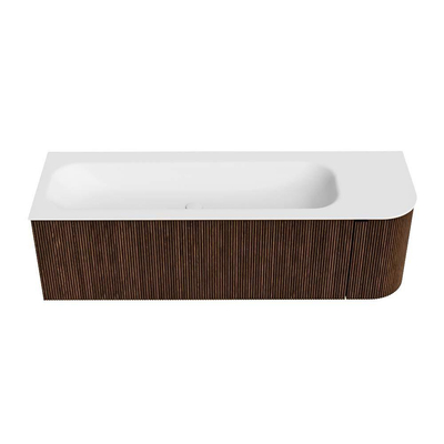 MONDIAZ KURVE Meuble de salle de bains 145cm avec module 25 R couleur Walnut avec 1 tiroir et 1 porte. Lavabo BIG LARGE gauche 2 trous de robinet Talc.