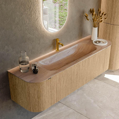 MONDIAZ KURVE-DLUX 160cm badmeubel ronding Links + Rechts kleur Oak met 1 lade en 2 deuren. Wastafel BIG MEDIUM Midden 1 kraangat Saba.