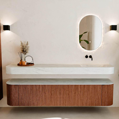 MONDIAZ THOR-DLUX 200cm meuble de salle de bains arrondi gauche + droite couleur Ruby avec 2 tiroirs et 2 portes. Vasque suspendue CLOUD Droite sans trou de robinet couleur Opalo.