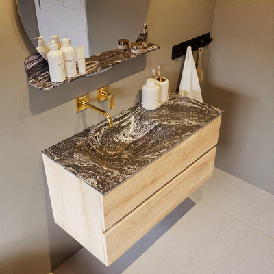 Mondiaz VICA-DLUX ensemble de meuble de salle de bain - 100cm - meuble sous-vasque chêne blanchi - 2 tiroirs - lavabo encastré cloud gauche - sans trous de robinet - miroir modèle spot - version XL 60cm de haut - lave