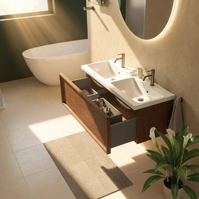 Saniclass Holz Frame Ensemble de meubles de salle de bains - 120x45x43.5cm - Lavabo en céramique Bari blanc - 2 vasques - 2 trous de robinetterie - 1 tiroir - mat walnut pure (bois)