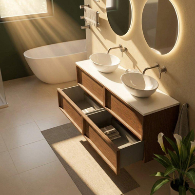 Saniclass Holz Frame Ensemble meuble de salle de bains - 160x45x62.5cm - Plan de toilette Torino en solid surface blanc - sans trou de robinet - 4 tiroirs - walnut pure mat (bois)