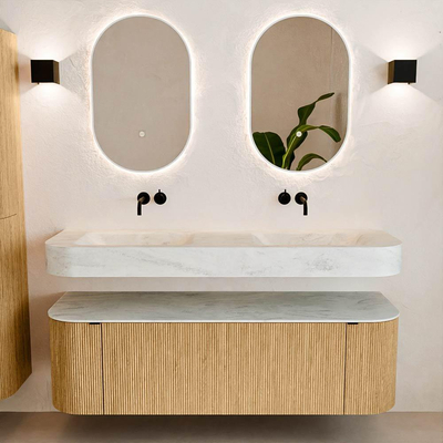 MONDIAZ THOR-DLUX 150cm meuble de salle de bains arrondi gauche + droite couleur Oak avec 1 tiroir et 2 portes. Vasque suspendue CLOUD Double sans trou de robinet couleur Opalo.