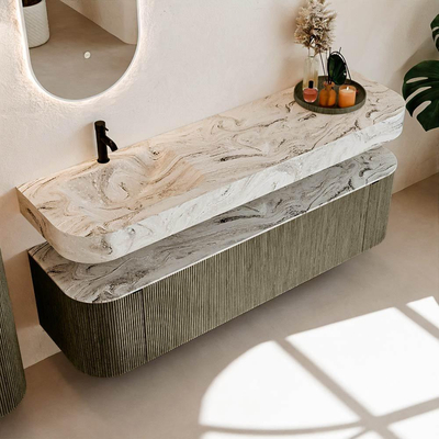 MONDIAZ THOR-DLUX Meuble de salle de bains 170cm arrondi gauche + droite couleur Shadow avec 1 tiroir et 2 portes. Vasque suspendue CLOUD Gauche 1 trou de robinet couleur Glace.