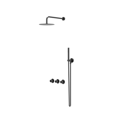 IVY Bond Ensemble de douche pluie - encastrable - symétrie - 2 robinets d'arrêt - bras mural 40 cm - pomme de douche medium 25 cm - barre curseur avec sortie - flexible de douche 150 cm - douchette stick - Chrome noir PVD