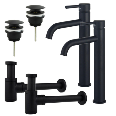 FugaFlow Eccelente Sobrado Kit robinet lavabo - pour double vasque - robinet rehaussé - bonde clic clac - siphon design bas - Noir mat