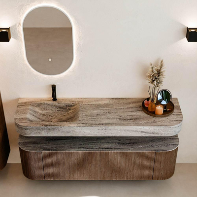 MONDIAZ THOR-DLUX 160cm badmeubel ronding links + rechts kleur Walnut met 1 lade en 2 deuren. Vrijhangende wastafel CLOUD Links 1 kraangat kleur Oza.