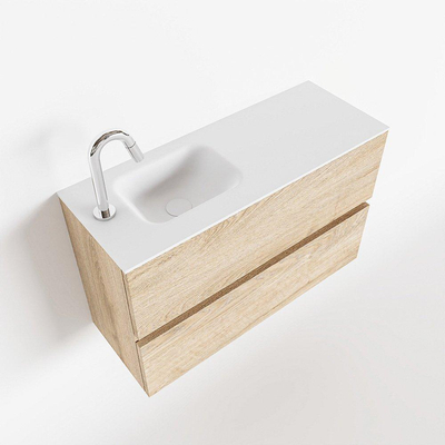 MONDIAZ ADA Toiletmeubel - 80x30x50cm - 1 kraangat - 2 lades - washed oak mat - wasbak links - Solid surface - Wit