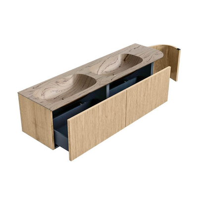 MONDIAZ KURVE-DLUX Meuble de salle de bains 165cm arrondi à droite couleur Chêne avec 2 tiroirs et 1 porte. Lavabo STOR SMALL Double / Gauche 2 trous de robinet Arena.