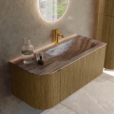 MONDIAZ KURVE-DLUX 105cm badmeubel ronding Links kleur Dusk met 1 lade en 1 deur. Wastafel BIG SMALL Rechts 1 kraangat Oza.