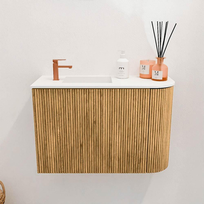 Mondiaz JOYA 61.6cm toiletmeubel - ronding rechts kleur Oak - Wastafel FAYE positie Links 1 kraangat kleur Talc.