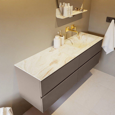 Mondiaz VICA-DLUX ensemble de meuble de salle de bain - 150cm - meuble sous-vasque fumée - 4 tiroirs - lavabo encastré nuage droite - sans trous de robinet - version haute 60cm - frape