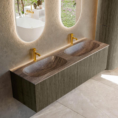 MONDIAZ KURVE-DLUX Meuble de salle de bains 150 cm couleur Shadow avec 2 tiroirs et 0 portes. Lavabo STOR SMALL Double 2 trous de robinet Oza.