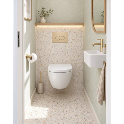 QeramiQ Dely Swirl Compact Toiletset - inbouwreservoir Geberit UP320 - met Burda frame - 25mm zitting - kunststof bedieningsplaat beige - ronde knoppen - glans wit