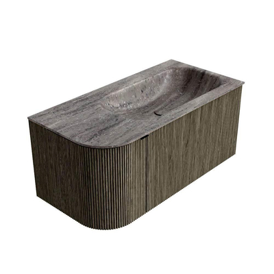 MONDIAZ KURVE-DLUX Meuble de salle de bains 95cm arrondi à gauche couleur Shadow avec 1 tiroir et 1 porte. Lavabo BIG SMALL à droite sans trou de robinet Oza.