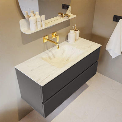 Mondiaz VICA-DLUX ensemble de meuble de salle de bain - 110cm - meuble sous-vasque gris foncé - 2 tiroirs - lavabo encastré cloud milieu - sans trous de robinet - version haute de 60cm - opalo