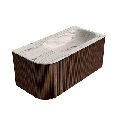 MONDIAZ KURVE-DLUX Meuble de salle de bains 95cm arrondi à gauche couleur Walnut avec 1 tiroir et 1 porte. Lavabo BIG SMALL à droite 1 trou de robinet Nata.