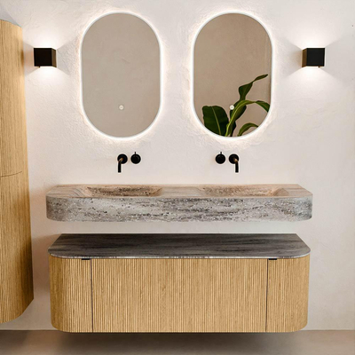 MONDIAZ THOR-DLUX 140cm badmeubel ronding links + rechts kleur Oak met 1 lade en 2 deuren. Vrijhangende wastafel CLOUD Dubbel zonder kraangat kleur Oza.