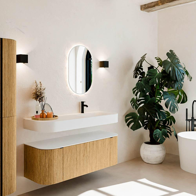 MONDIAZ THOR Meuble de salle de bains 130cm arrondi gauche + droite couleur Oak avec 1 tiroir et 2 portes. Vasque suspendue CLOUD Droite 1 trou de robinet couleur Talc.