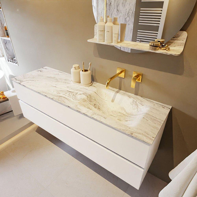 Mondiaz VICA-DLUX ensemble de meuble de salle de bain - 150cm - meuble sous-vasque talc - 2 tiroirs - lavabo encastré cloud droite - sans trous de robinet - version haute de 60cm - glace