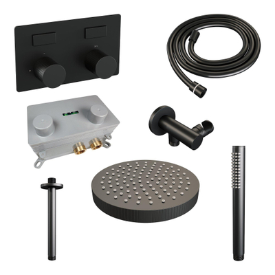 BRAUER Stripe Thermostatische Inbouw Regendouche - drukknoppen - SET 27 - 25cm douchekop - plafondarm - staaf handdouche - doucheslang - wandaansluitbocht - mat zwart