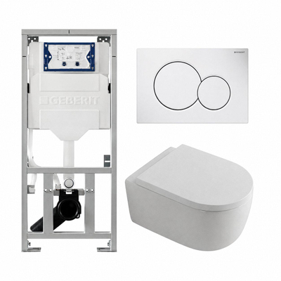 QeramiQ Dely Swirl Toiletset - 36.5x53cm - Geberit UP320 inbouwreservoir - met Burda frame - 35mm zitting - witte sigma bedieningsplaat - ronde knoppen - mat wit