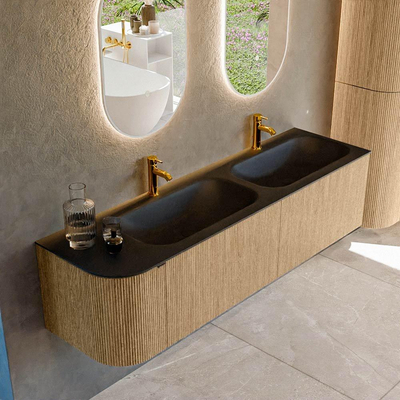 MONDIAZ KURVE 165cm badmeubel met module 25 L kleur Oak met 2 lades en 1 deur. Wastafel BIG SMALL dubbel / rechts 2 kraangaten Urban.