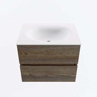 Mondiaz VICA ensemble de meuble de salle de bain - 60cm - meuble sous-vasque marron foncé gris - 2 tiroirs - lavabo lune milieu - 1 trou de robinet - version haute de 60cm - talc