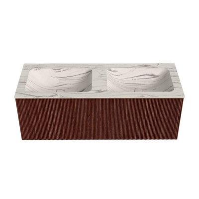 MONDIAZ KURVE-DLUX 120cm badmeubel kleur Ruby met 1 lade en 0 deuren. Wastafel LEAF Dubbel 2 kraangaten Nata.