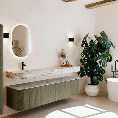 MONDIAZ THOR-DLUX 190cm meuble de salle de bains arrondi gauche + droite couleur Shadow avec 2 tiroirs et 2 portes. Vasque suspendue CLOUD Gauche 1 trou de robinet couleur Glace.