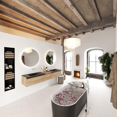 MONDIAZ BUKLA 200cm meuble de salle de bain avec module 40 couleur Chêne blanchi avec 3 tiroirs. Lavabo CLOUD double 0 trou de robinet couleur Urbaine.